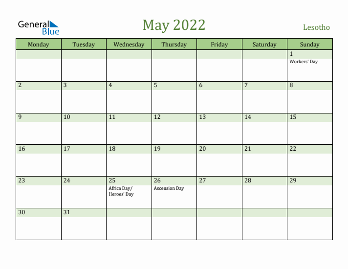 May 2022 Calendar with Lesotho Holidays