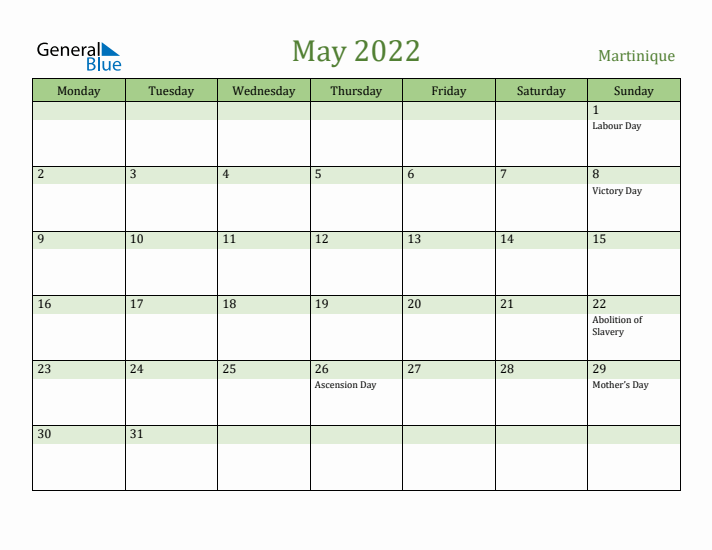 May 2022 Calendar with Martinique Holidays