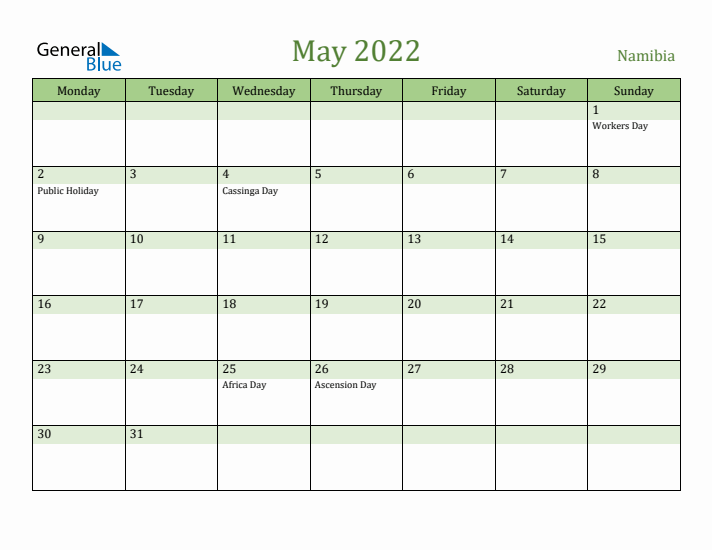 May 2022 Calendar with Namibia Holidays