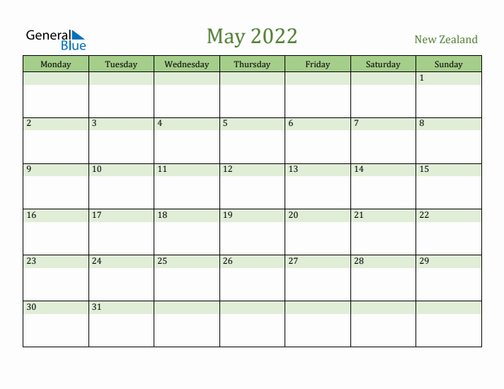 May 2022 Calendar with New Zealand Holidays