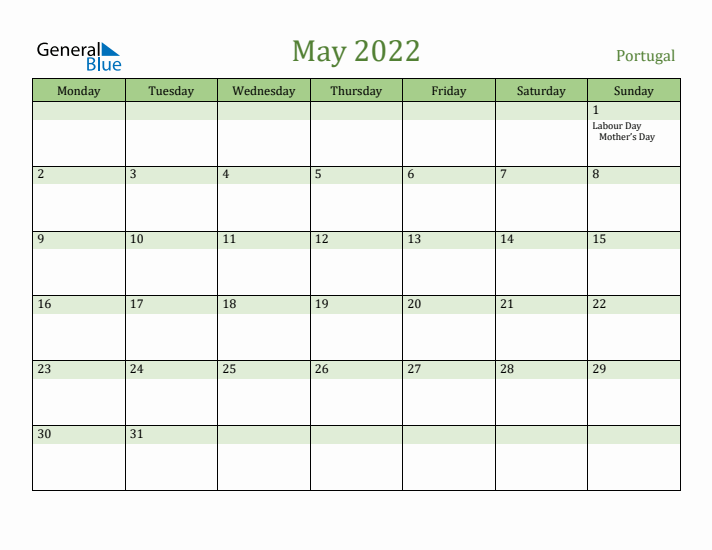 May 2022 Calendar with Portugal Holidays