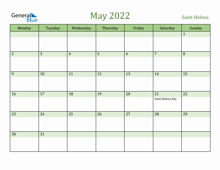 May 2022 Calendar with Saint Helena Holidays