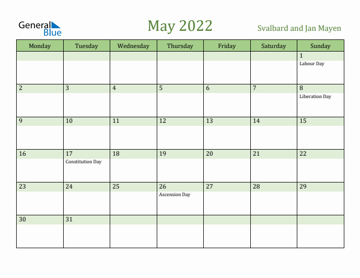 May 2022 Calendar with Svalbard and Jan Mayen Holidays