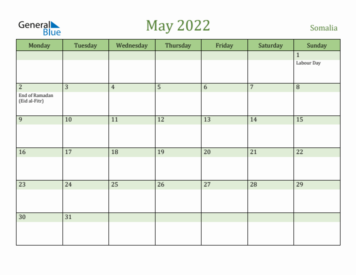 May 2022 Calendar with Somalia Holidays