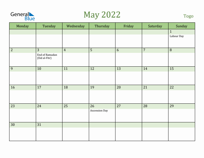 May 2022 Calendar with Togo Holidays