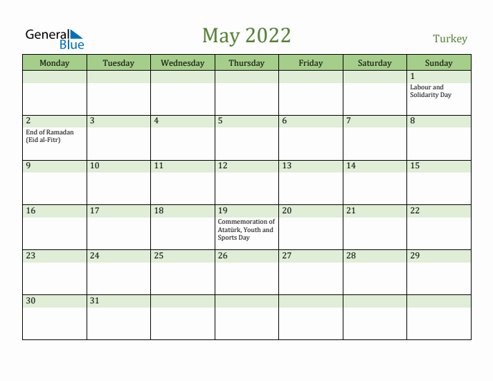 May 2022 Calendar with Turkey Holidays