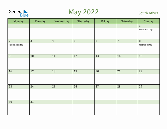 May 2022 Calendar with South Africa Holidays