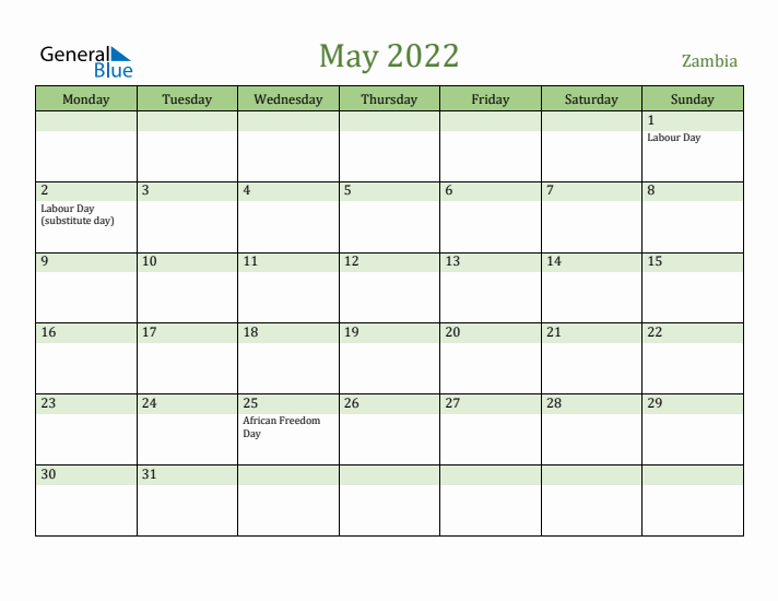 May 2022 Calendar with Zambia Holidays