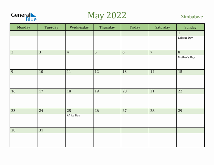 May 2022 Calendar with Zimbabwe Holidays