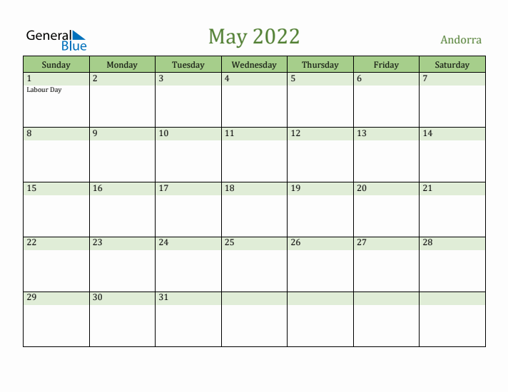 May 2022 Calendar with Andorra Holidays