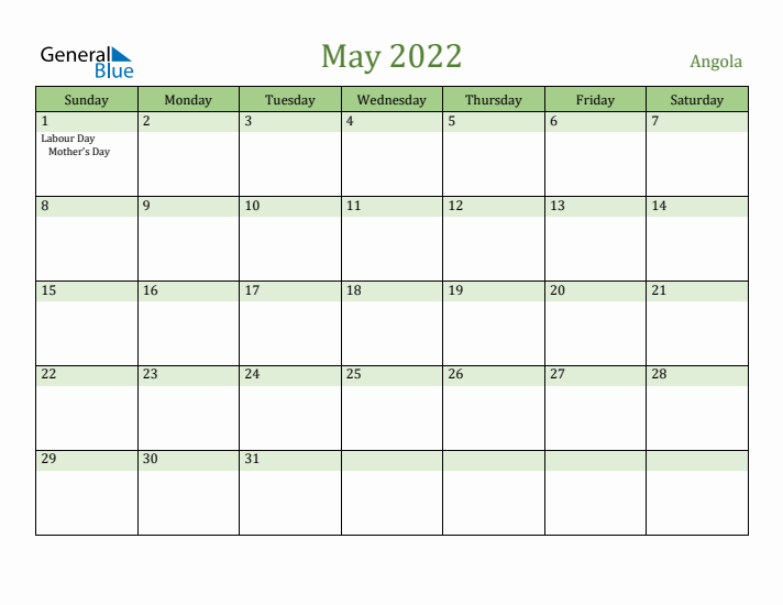 May 2022 Calendar with Angola Holidays