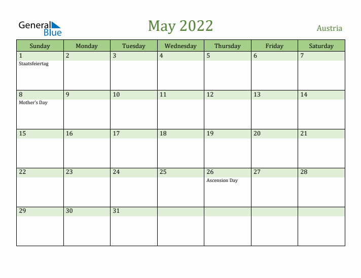 May 2022 Calendar with Austria Holidays