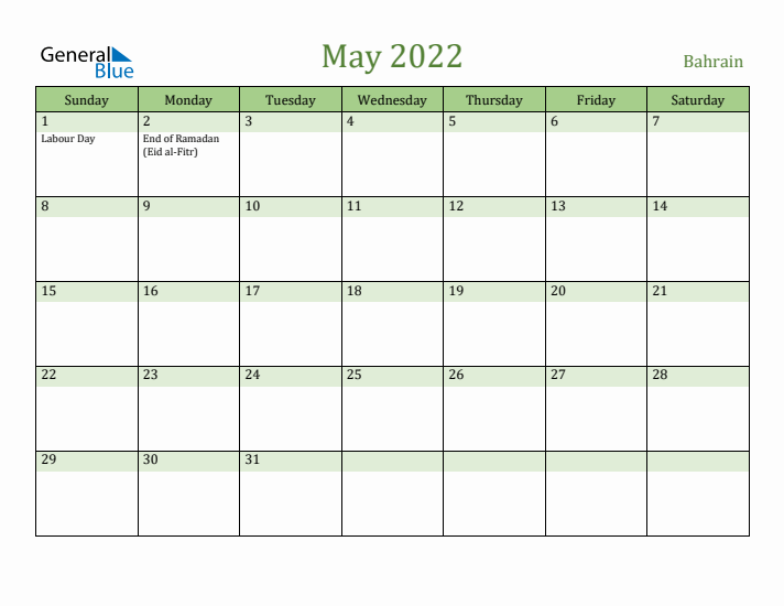 May 2022 Calendar with Bahrain Holidays