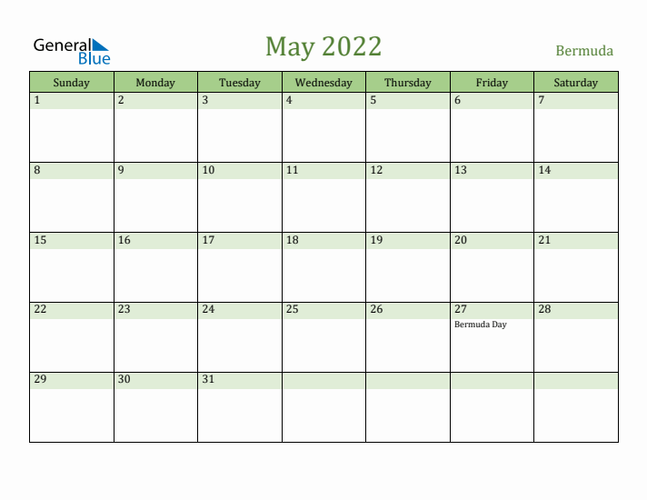 May 2022 Calendar with Bermuda Holidays