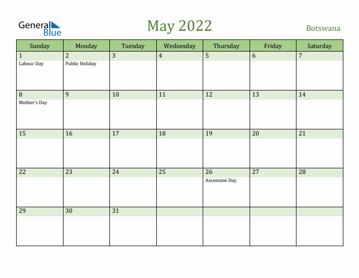 May 2022 Calendar with Botswana Holidays