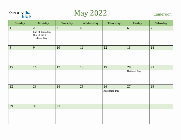 May 2022 Calendar with Cameroon Holidays