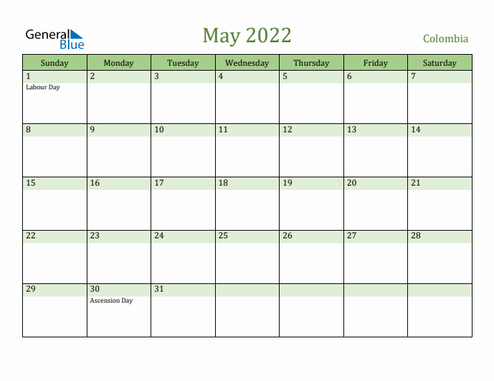 May 2022 Calendar with Colombia Holidays