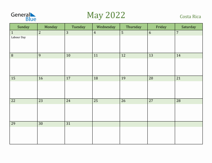 May 2022 Calendar with Costa Rica Holidays