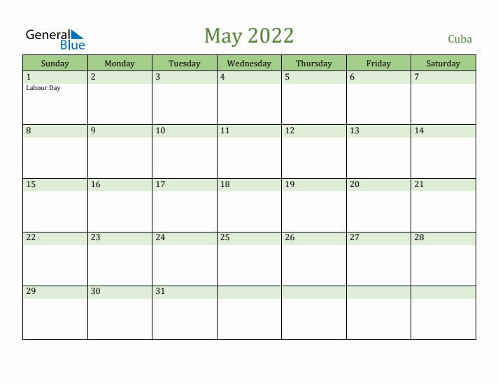 May 2022 Calendar with Cuba Holidays