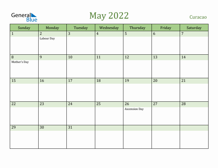 May 2022 Calendar with Curacao Holidays