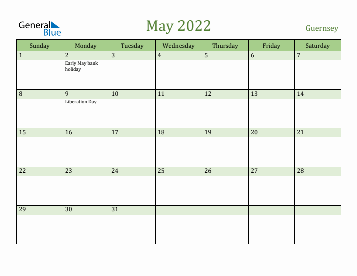 May 2022 Calendar with Guernsey Holidays