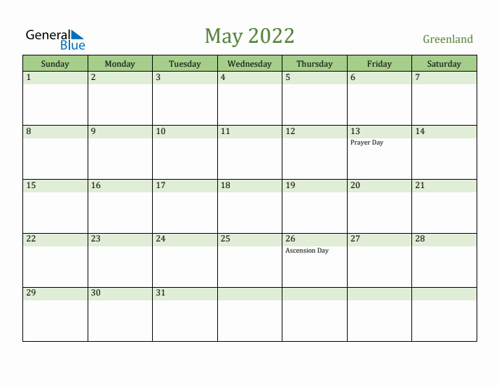 May 2022 Calendar with Greenland Holidays