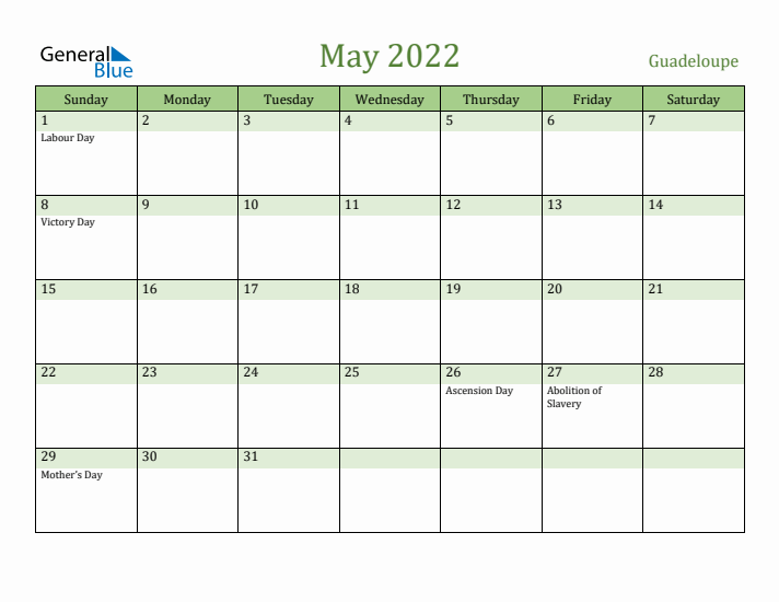 May 2022 Calendar with Guadeloupe Holidays