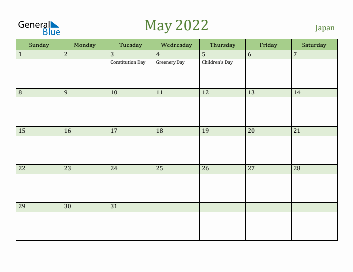 May 2022 Calendar with Japan Holidays