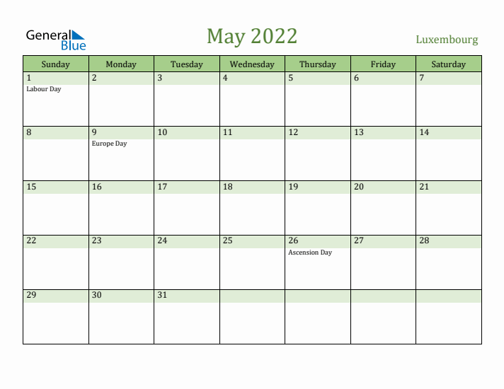 May 2022 Calendar with Luxembourg Holidays