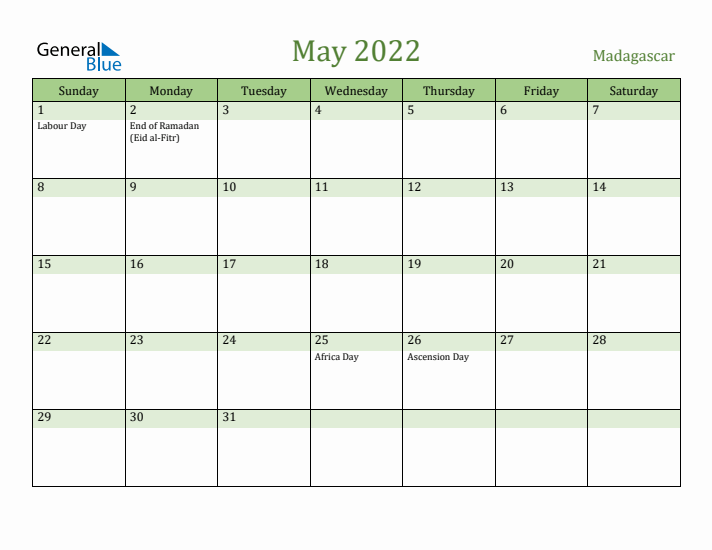 May 2022 Calendar with Madagascar Holidays