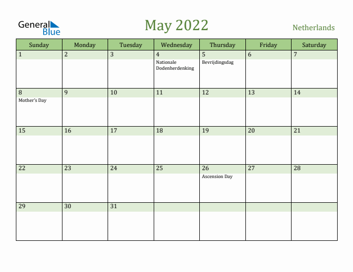 May 2022 Calendar with The Netherlands Holidays