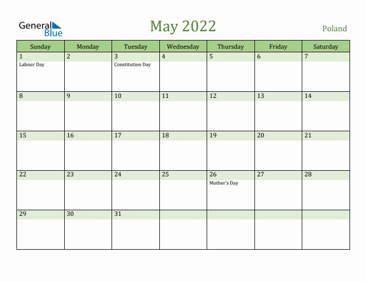 May 2022 Calendar with Poland Holidays