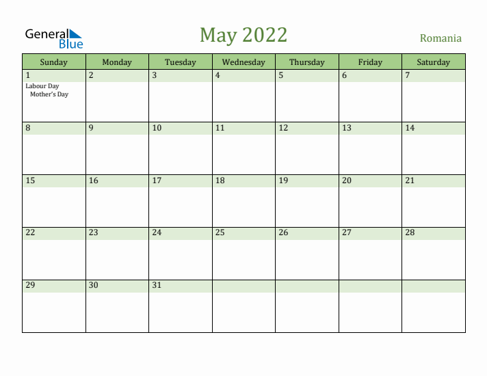 May 2022 Calendar with Romania Holidays