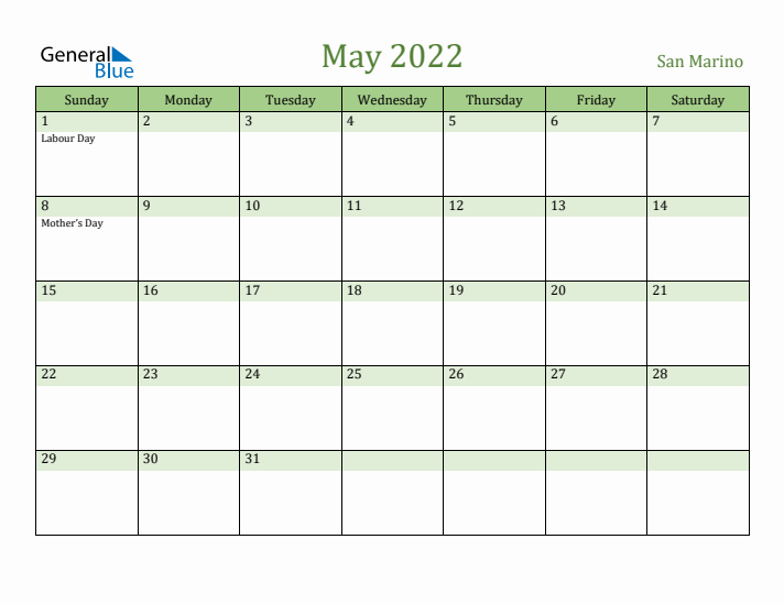 May 2022 Calendar with San Marino Holidays