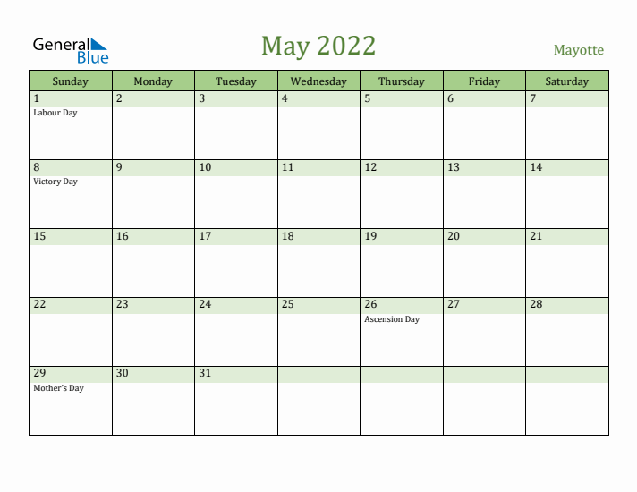 May 2022 Calendar with Mayotte Holidays