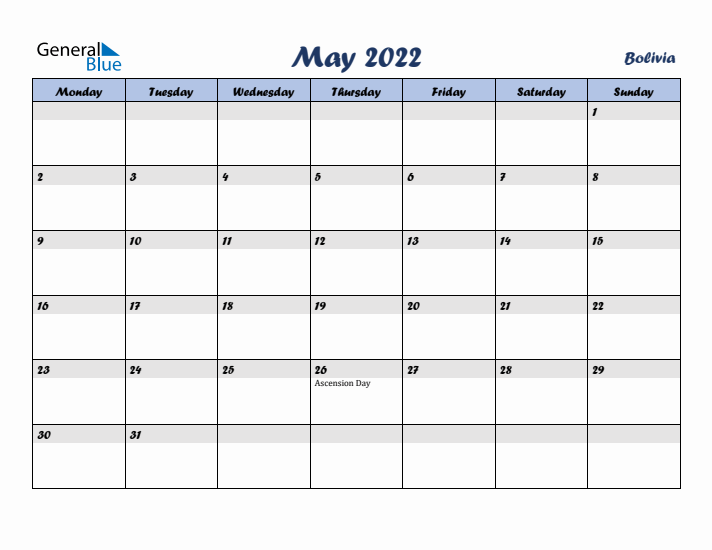 May 2022 Calendar with Holidays in Bolivia