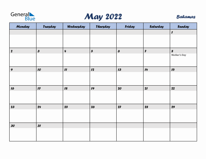 May 2022 Calendar with Holidays in Bahamas