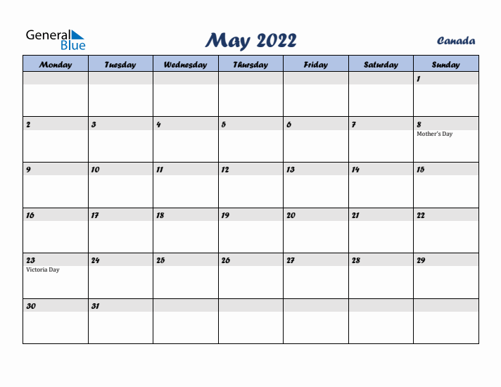 May 2022 Calendar with Holidays in Canada