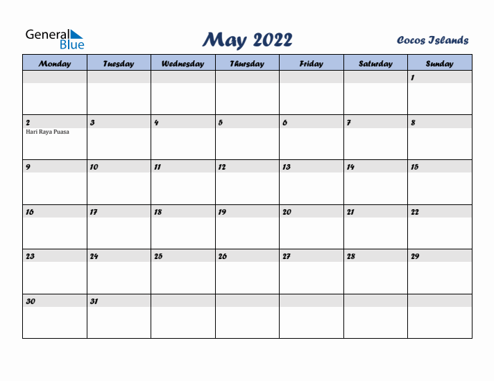 May 2022 Calendar with Holidays in Cocos Islands