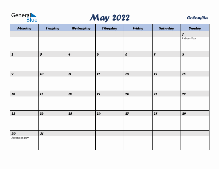 May 2022 Calendar with Holidays in Colombia