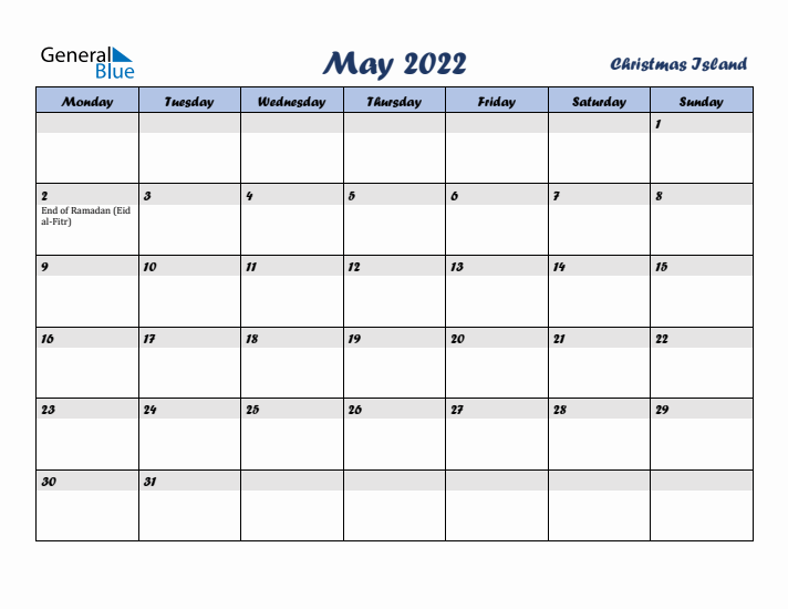 May 2022 Calendar with Holidays in Christmas Island