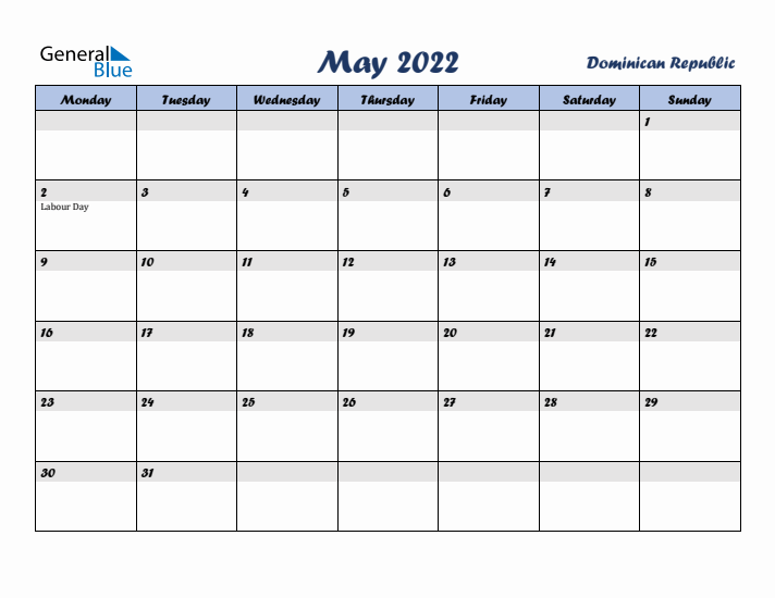 May 2022 Calendar with Holidays in Dominican Republic