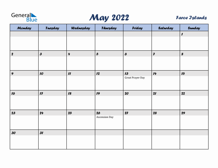 May 2022 Calendar with Holidays in Faroe Islands