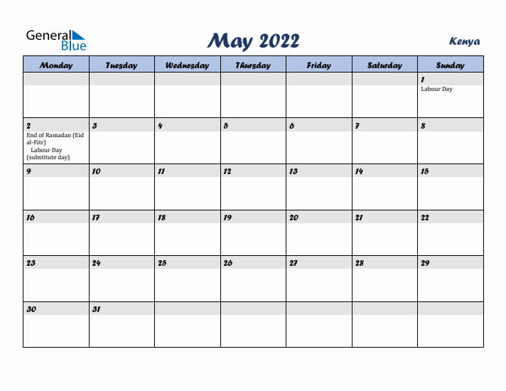 May 2022 Calendar with Holidays in Kenya