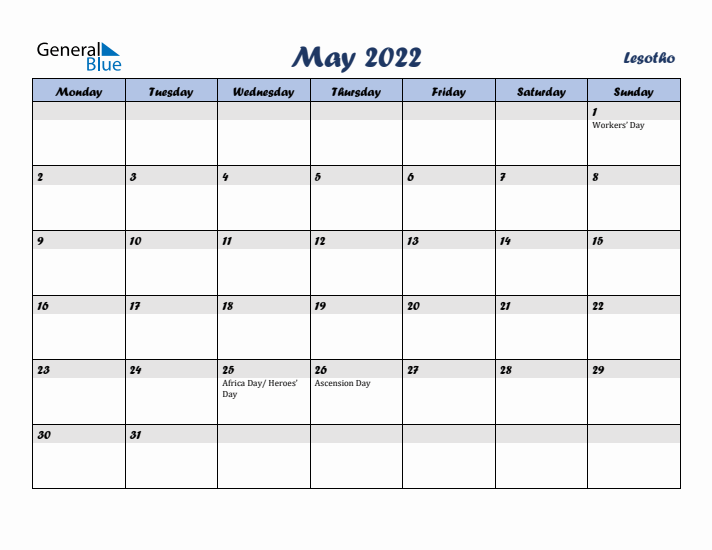 May 2022 Calendar with Holidays in Lesotho