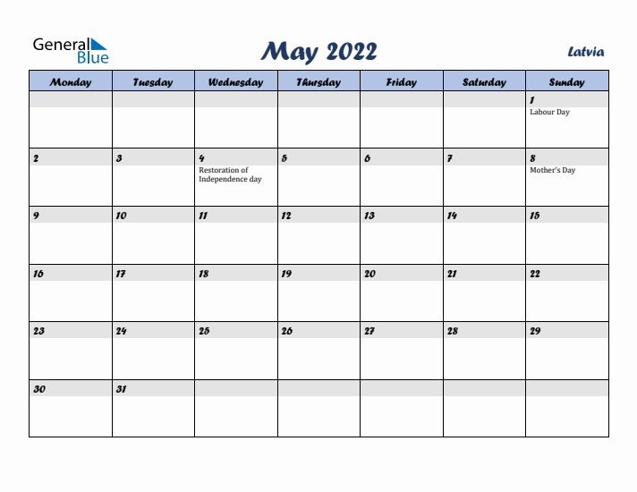 May 2022 Calendar with Holidays in Latvia