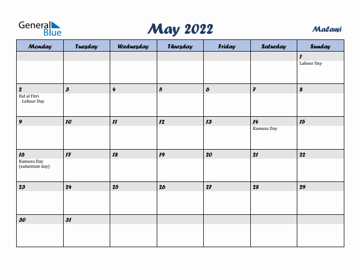 May 2022 Calendar with Holidays in Malawi