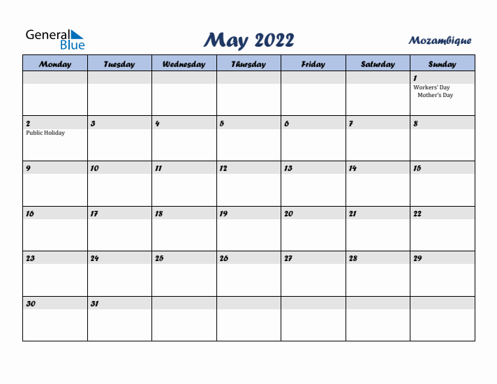 May 2022 Calendar with Holidays in Mozambique