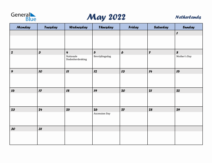 May 2022 Calendar with Holidays in The Netherlands