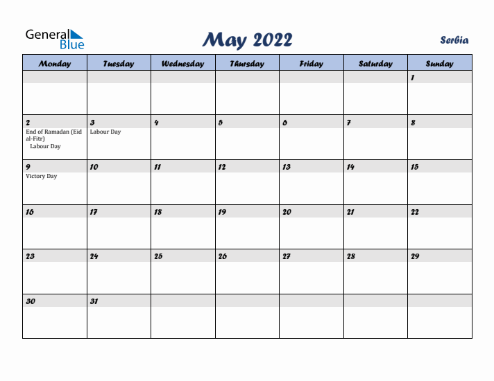 May 2022 Calendar with Holidays in Serbia